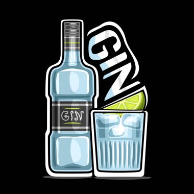 Cin için vektör logosu, dekoratif etiketli mavi şişe tasviri ve limon dilimli soğutulmuş cin toniği, koyu arkaplanda kelime cini için eşsiz harfli pankart..