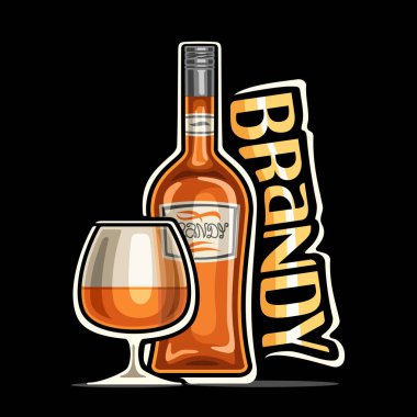 Brandy için vektör logosu, dekoratif etiketli kahverengi şişenin ana hatları ve yarım bardak, koyu arkaplanda sarı kelime brendisi için eşsiz tasarım harfleri olan bir pankart..
