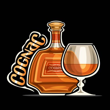 Konyak için vektör logosu, dekoratif etiketli kahverengi şişenin ana hatları ve yarım bardak, koyu arkaplanda turuncu kelime konyağı için eşsiz tasarım harfleri olan bir pankart..