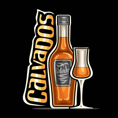 Calvados için vektör logosu, dekoratif etiketli ve yarım çizgi film camlı kahverengi klasik şişe çizimi, koyu arkaplanda turuncu kelime Calvados için eşsiz tasarım harfleri olan bir pankart..
