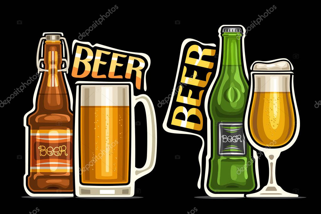 Vector logos for Beer, outline illustrations of brown and green bottles with decorative labels, full mug and glass of beer with froth, unique design lettering for orange words beer on dark background.