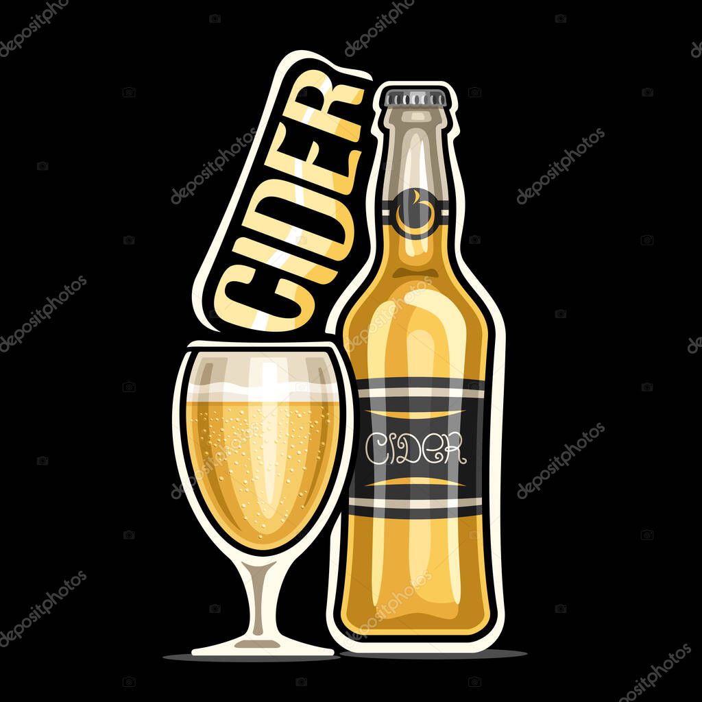 Vector logo for Cider, outline illustration of yellow bottle with decorative label and full glass of refreshing drink, square placard with unique design lettering for word cider on black background.