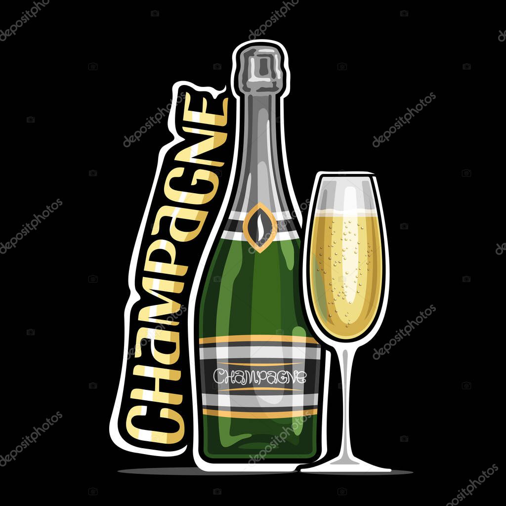 Vector logo for Champagne, outline illustration of green classic bottle with decorative label and full cartoon flute glass, square placard with unique design lettering for word champagne on dark.