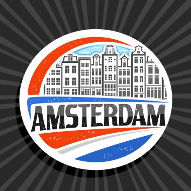 Amsterdam için vektör logosu, Amsterdam 'ın beyaz dekoratif rozeti, gökyüzü arka planında Amsterdam' ın ana hatları, sanat tasarımı turist buzdolabı mıknatısı, siyah kelime amthe için eşsiz harfler.