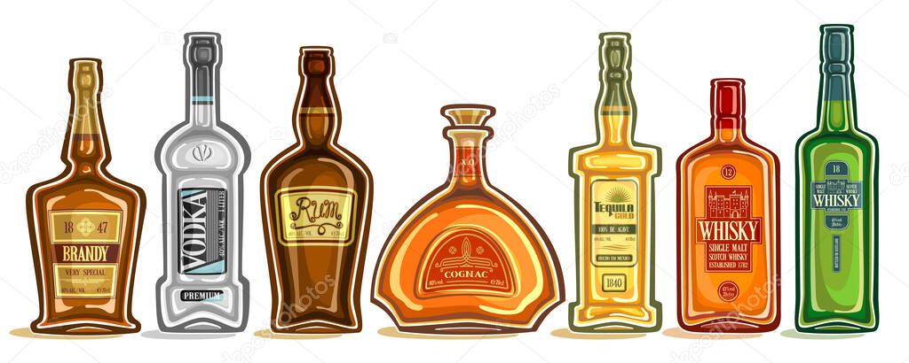 Vector Set of Alcohol Bottles, group of cut out illustrations of hard spirit drinks in bottles with decorative labels, lot collection of cartoon liquor bottles in a row on white background.