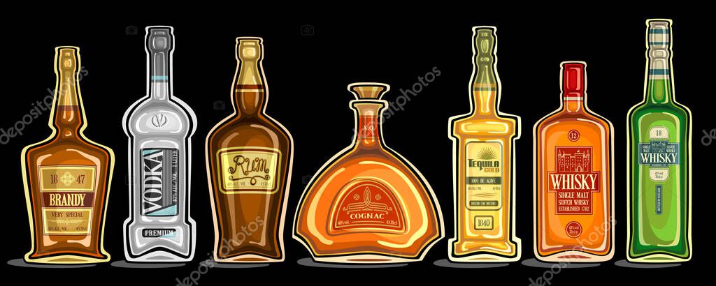 Vector Set of Alcohol Bottles, group of cut out illustrations of hard spirit drinks in bottles with decorative labels, lot collection of cartoon liquor bottles in a row on dark background.