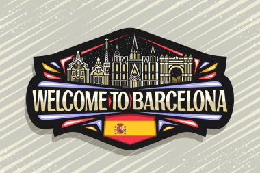 Barcelona için vektör logosu, Barselona şehrinin alacakaranlık gökyüzü arkaplanının ana hatlarıyla tasvir edilmiş siyah dekoratif tabela, sanat tasarım buzdolabı mıknatısı Barcelona 'ya hoş geldiniz demek için eşsiz harflerle.