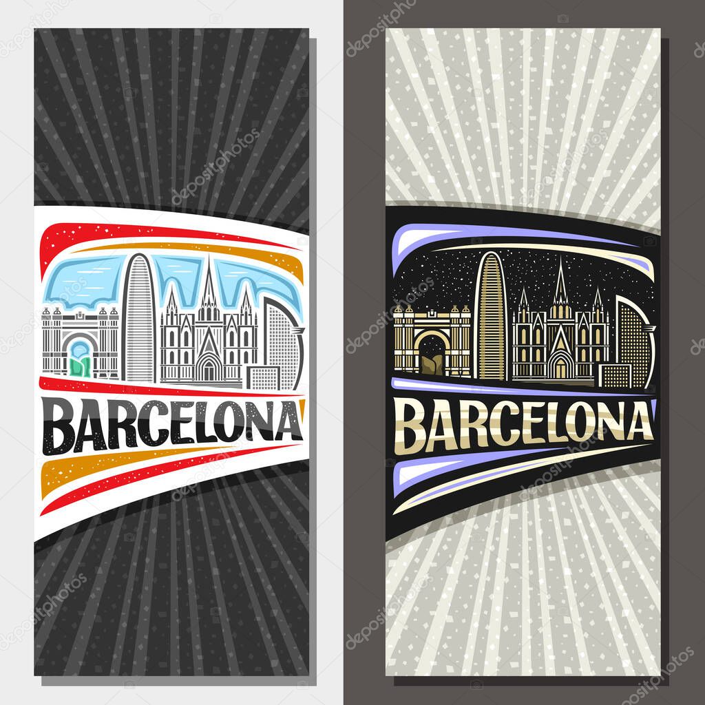 Vector vertical layouts for Barcelona, decorative leaflet with line illustration of barcelona city scape on day and dusk sky background, art design tourist card with unique letters for word barcelona.