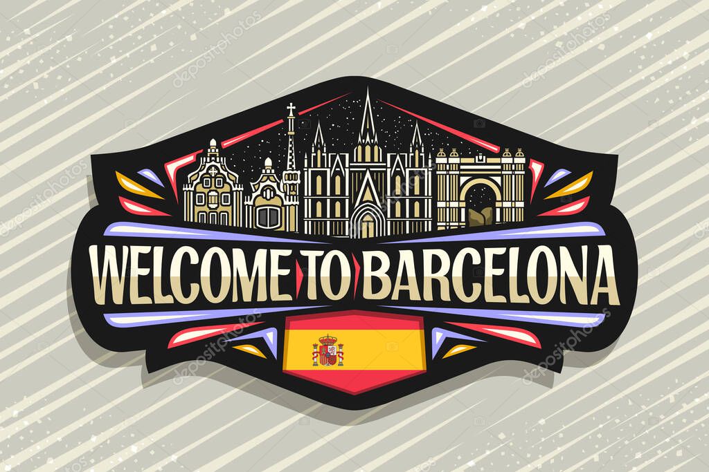Vector logo for Barcelona, black decorative sign with outline illustration of barcelona city scape on dusk sky background, art design fridge magnet with unique letters for words welcome to barcelona.