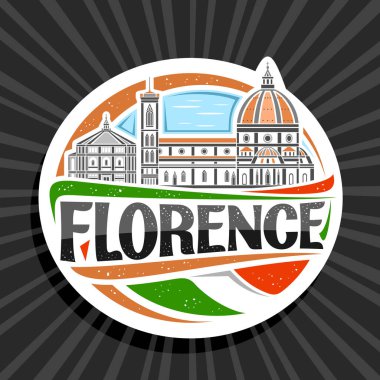 Floransa için vektör logosu, Floransa 'nın beyaz dekoratif rozeti gökyüzü arka planında Floransa şehir manzarasının ana hatları, sanat tasarımı turist buzdolabı mıknatısı, siyah kelime Floransa için eşsiz harflerle..