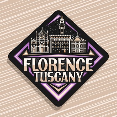 Floransa için vektör logosu, alacakaranlık gökyüzü arka planında Floransa şehir manzarasının ana hatlarıyla çizilmiş siyah eşkenar dörtgen yol tabelası Floransa ve Toskana için eşsiz harflerle dekoratif buzdolabı mıknatısı..