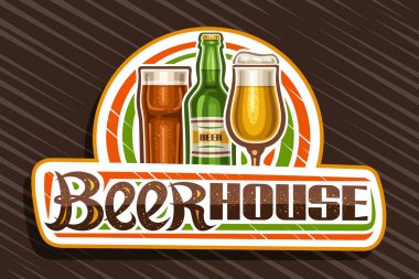 Vector logo for Beer House, white decorative sign board with illustration of full beer glass with foam and dark highball, unique brush lettering for words beer house on brown abstract background. clipart