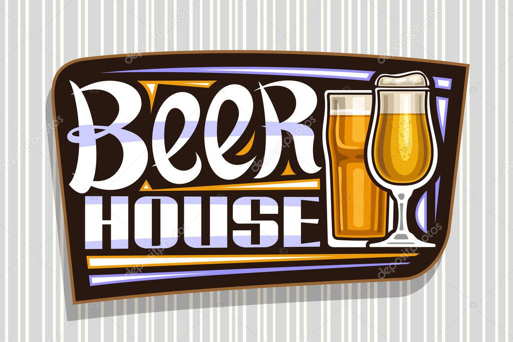 Vector logo for Beer House, dark decorative sign board with illustration of full beer glass with froth and golden highball, unique brush lettering for blue words beer house on grey striped background.