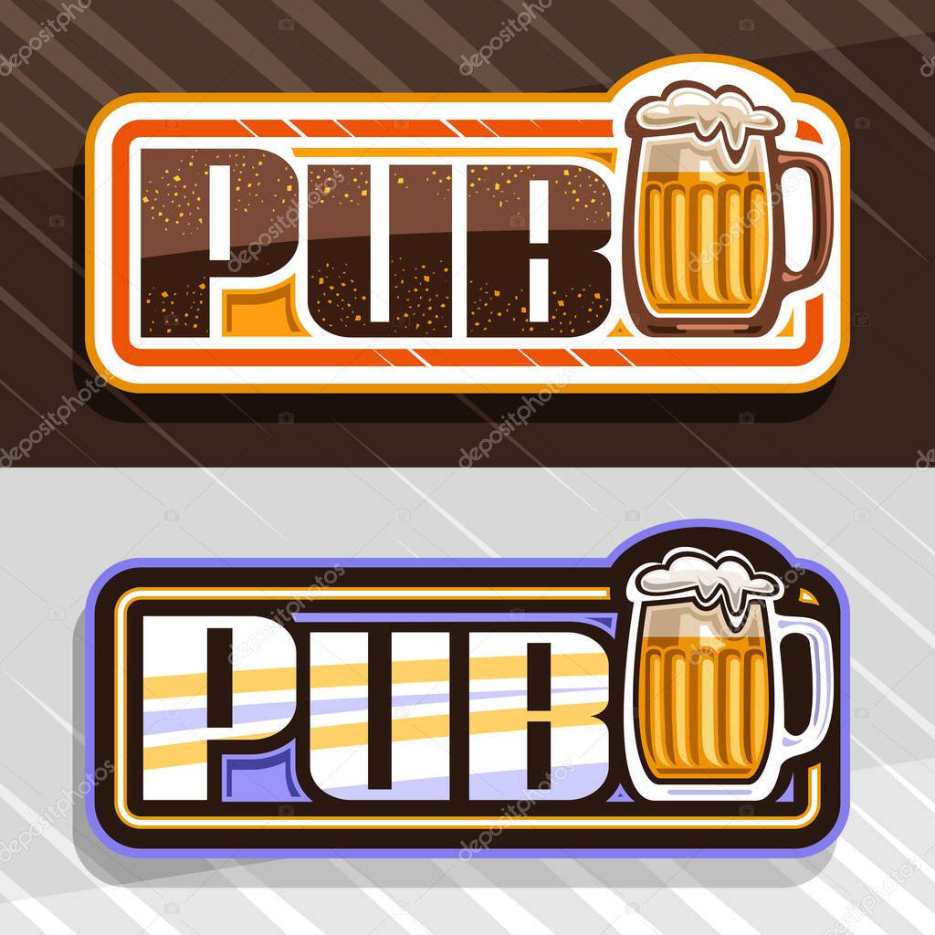 Vector logos for Beer Pub, 2 decorative sign boards with illustration of full beer mug with froth and unique modern lettering for word pub on brown and grey background.