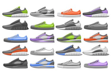 Vector Sneakers Set, 20 farklı renkli, siyah beyaz futbol ve futbol ayakkabıları, spor malzemeleri mağazası vitrininde çeşitli spor ayakkabıları için farklı erkek ve kızlardan oluşan bir grup..