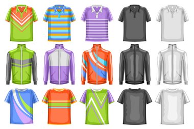 Spor giysilerinin vektör seti, spor malzemeleri mağazası ya da şehir tarzı spor malzemeleri için belirlenmiş spor kıyafetleri, spor için siyah ve beyaz spor kıyafetlerinin 15 çizimi.