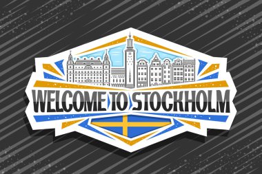 Stockholm için vektör logosu, Stockholm şehrinin gündüz arkaplanının çizgili resimleriyle süslenmiş beyaz dekoratif etiket, sanat tasarımı buzdolabı mıknatısı siyah kelimelerin eşsiz harfleriyle Stockholm 'e hoş geldiniz..