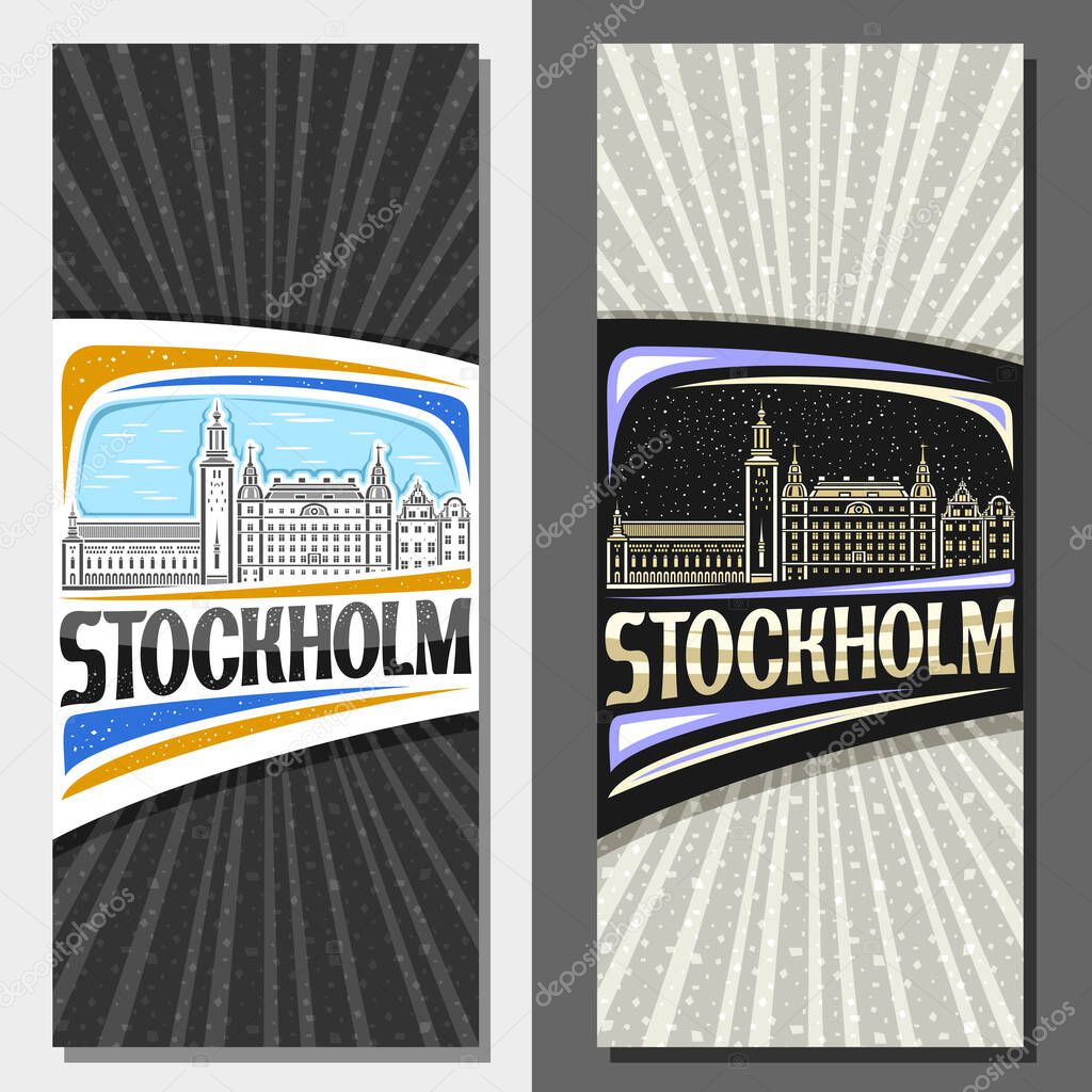 Vector vertical layouts for Stockholm, decorative leaflet with line illustration of stockholm city scape on day and dusk sky background, art design tourist card with unique letters for word stockholm.