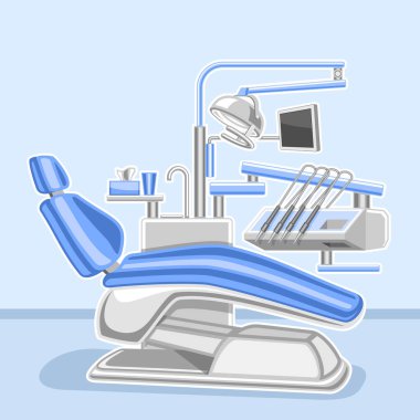 Diş Kliniği için vektör posteri, iç dişçi dolabının resimli kare tasarım tabelası, profesyonel tıbbi ekipmanlı dekoratif tabela ve soluk mavi arka planda dişçi koltuğu.
