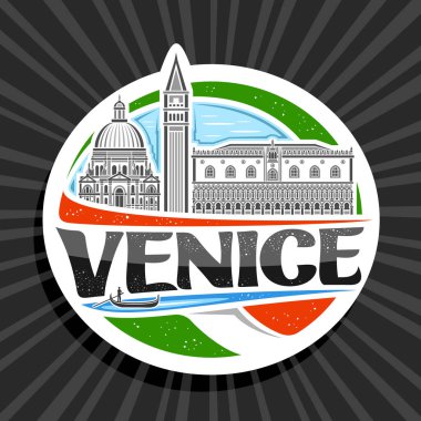 Venedik için vektör logosu, Venedik için beyaz dekoratif çıkartma, gökyüzü arka planında ünlü Venedik manzarasının çizgi çizimi, sanat tasarımı turist buzdolabı mıknatısı, siyah Venedik için eşsiz harflerle..