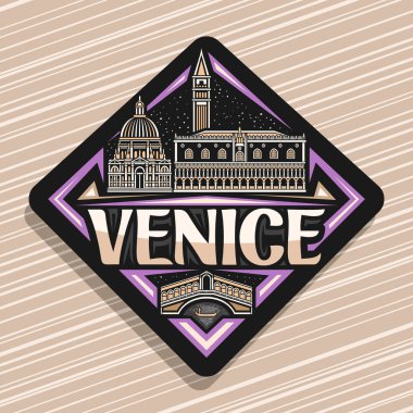 Venedik için vektör logosu, Venedik için siyah eşkenar dörtgen yol işareti alacakaranlık gökyüzü arka planında antik Venedik şehrinin ana hatlarıyla çizilmiş tasviri, Venedik kelimesi için eşsiz harflerle dekoratif buzdolabı mıknatısı..