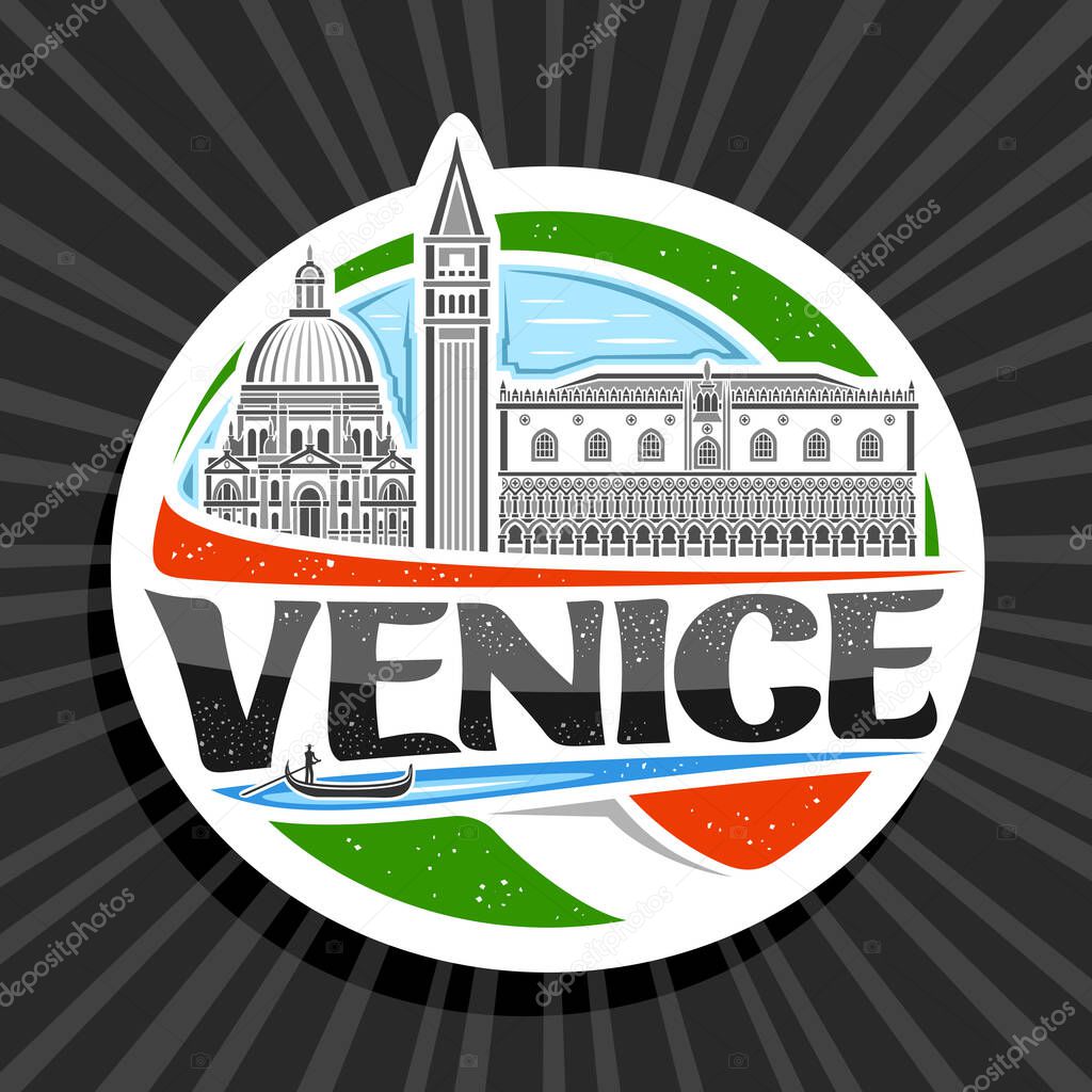 Vector logo for Venice, white decorative sticker with line illustration of famous venice city scape on day sky background, art design tourist fridge magnet with unique lettering for black word venice.