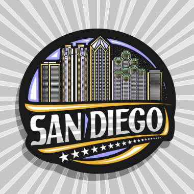 San Diego için vektör logosu, siyah dekoratif yuvarlak etiket alacakaranlık gökyüzü arka planında ünlü şehir manzarasının çizimi, sanat tasarımı turist buzdolabı mıknatısı San Diego için eşsiz harflerle.