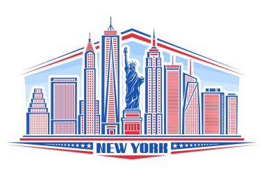 New York şehrinin vektör illüstrasyonu, New York 'un sembolü olan mavi ve kırmızı poster - Özgürlük Heykeli ve modern şehir manzarası, sanat tasarımı şehir konsepti dekoratif yazı tipiyle New York' un beyaz üzerine yazı tipi