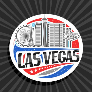 Las Vegas için vektör logosu, beyaz dekoratif rozet. Gündüz gökyüzü arka planında ünlü şehir manzarası tasviri. Sanat tasarımı turist buzdolabı mıknatısı.