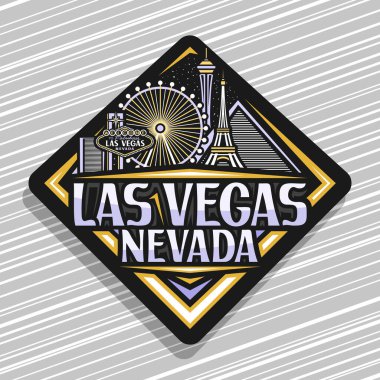 Las Vegas için vektör logosu, alacakaranlıkta Amerikan şehir manzarasının çizgili çizgili eşkenar dörtgen etiketi, sanat tasarımı buzdolabı mıknatısı Las Vegas, Nevada için eşsiz harflerle