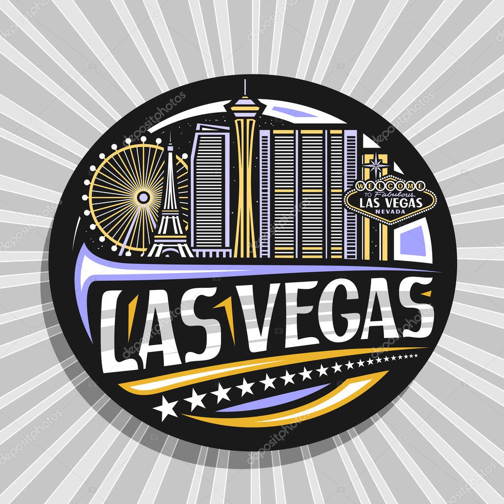 Vector logo for Las Vegas, black decorative badge with outline illustration of american city scape on dusk sky background, art design tourist fridge magnet with unique lettering for words las vegas.