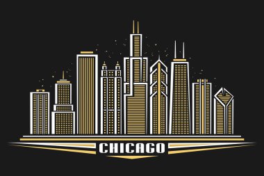 Chicago City 'nin vektör illüstrasyonu, Chicago şehir manzarasını aydınlatan çizgili yatay poster, karanlık arka planda Chicago için dekoratif yazı tipiyle panoramik çağdaş konsept.