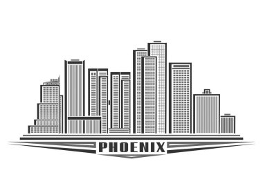 Phoenix City 'nin vektör illüstrasyonu, resim çizgisi çiziminin resmedildiği tek renkli poster, Phoenix şehir manzarası, beyaz arkaplandaki siyah kelime Phoenix için eşsiz dekoratif font ile modern konsept..