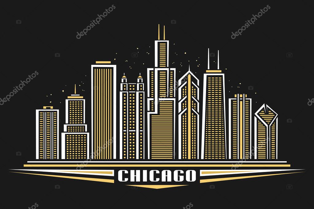 Vector illustration of Chicago City, horizontal poster with art line design illuminated chicago city scape, panoramic contemporary concept with decorative font for word chicago on dark background.