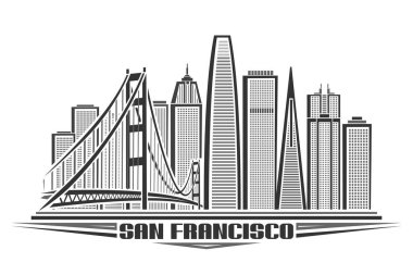 San Francisco 'nun vektör illüstrasyonu, tek renkli yatay poster çizgi çizimi Amerikan şehir manzarası, siyah kelimeler için eşsiz dekoratif font ile şehir konsepti beyaz arka planda San Francisco