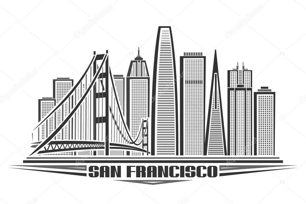 Vector illustration of San Francisco, monochrome horizontal poster with line art design american city scape, urban concept with unique decorative font for black words san francisco on white background