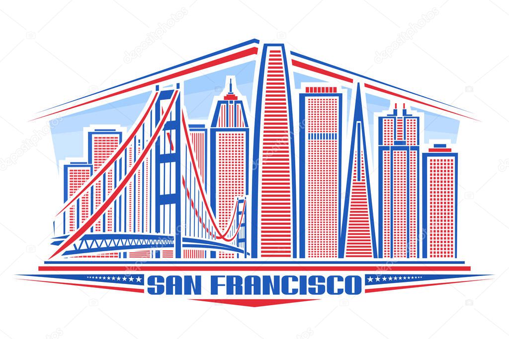 Vector illustration of San Francisco, horizontal poster with american city scape on day background, line art urban concept with unique lettering for words san francisco and decorative stars in a row.