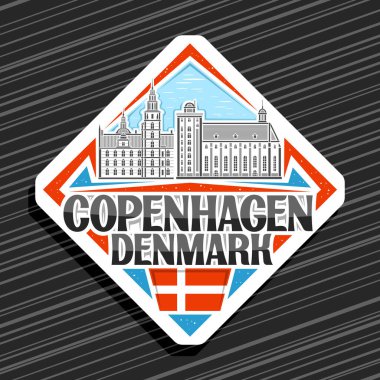 Kopenhag için vektör logosu, Kopenhag için beyaz eşkenar dörtgen yol işareti gökyüzü arka planında Kopenhag şehir manzarasının çizimi, Kopenhag, Danimarka için eşsiz harflerle dekoratif buzdolabı mıknatısı