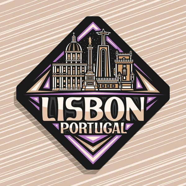 Lizbon için vektör logosu, Avrupalı Lizbon şehrinin alacakaranlık arkaplanının ana hatlarıyla çizilmiş siyah eşkenar dörtgen yol işareti, Lizbon ve Portekiz için eşsiz harflerle dekoratif buzdolabı mıknatısı..