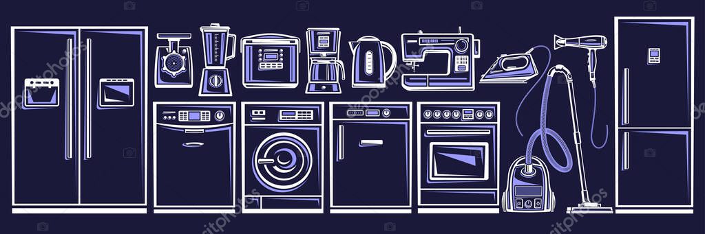Vector set of Home Appliances, lot collection of cut out outline illustrations household and kitchen appliance for shop sale, dark horizontal banner with modern house hold appliances and blue gadgets.