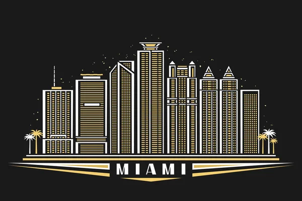 マイアミのベクトルイラスト アウトラインデザインの水平ポスターがライトアップされたマイアミの街の風景 暗い夕暮れの背景に単語マイアミのための装飾的なレタリングとアメリカの都市ラインアートコンセプト — ストックベクタ