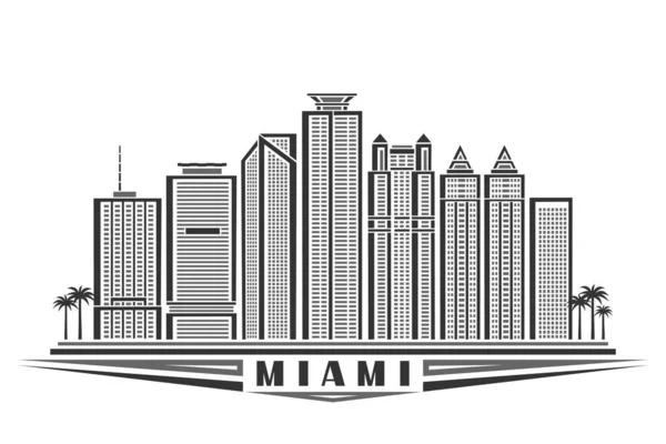 マイアミのベクトルイラスト 輪郭線デザインのモノクローム水平ポスター有名なマイアミの街の風景 白い背景に黒い単語マイアミのためのユニークな装飾文字を持つ都市ラインアートコンセプト — ストックベクタ