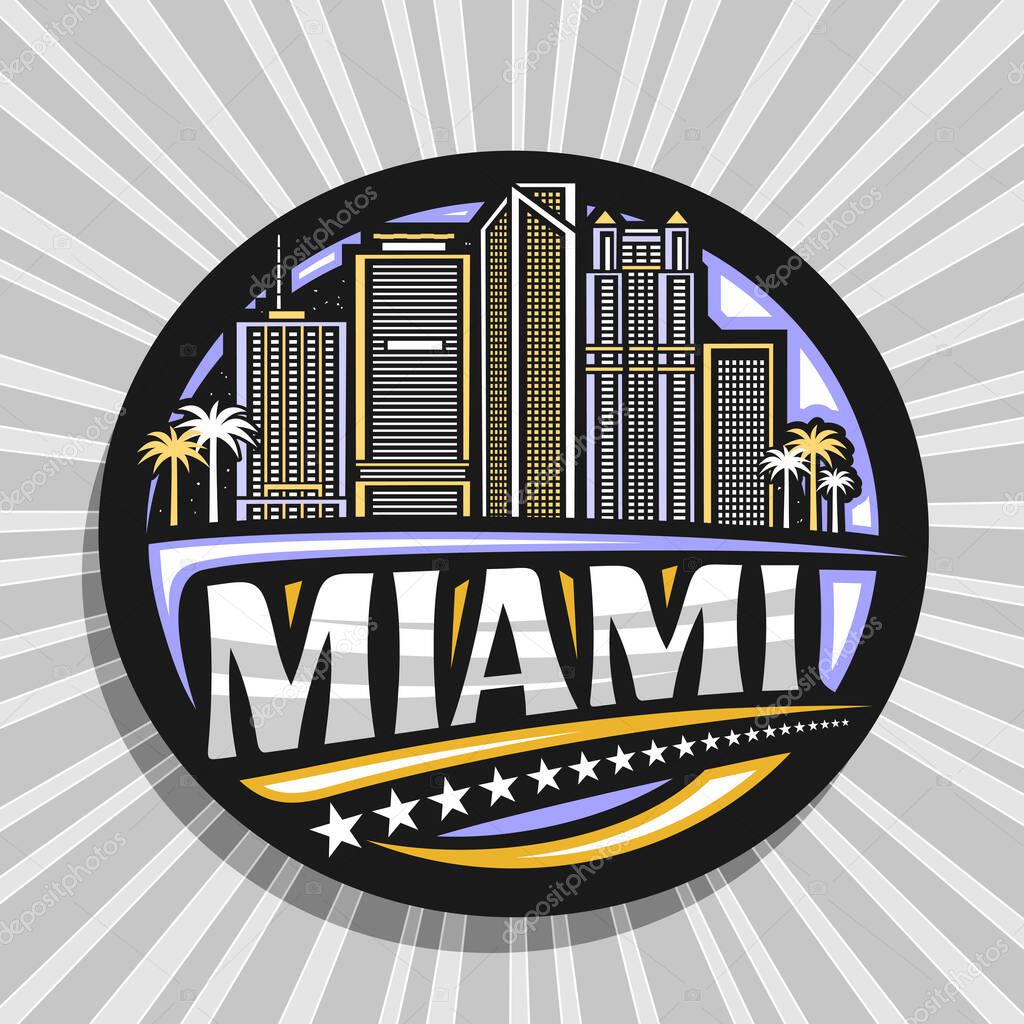 Vector logo for Miami, black decorative tag with outline illustration of illuminated miami city scape on dusk sky background, art design tourist fridge magnet with unique brush letters for text miami.