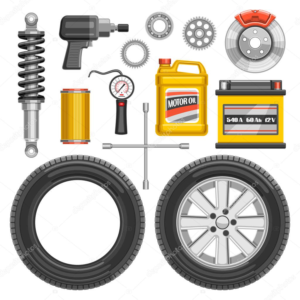 Vector set of Auto Parts, lot collection of cut out illustrations of auto parts and tools on white background.