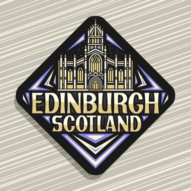 Edinburgh için vektör logosu, Edinburgh şehrinin alacakaranlık arkaplanındaki manzarasının resmedildiği siyah eşkenar dörtgen yol tabelası, Edinburgh, İskoçya için eşsiz harflerle dekoratif buzdolabı mıknatısı..