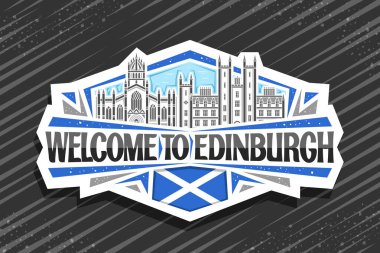 Edinburgh için vektör logosu, Edinburgh şehrinin gökyüzü arkaplanının resimli beyaz dekoratif etiketi, sanat tasarımı buzdolabı mıknatısı siyah kelimeler için eşsiz harflerle Edinburgh 'a hoş geldiniz..