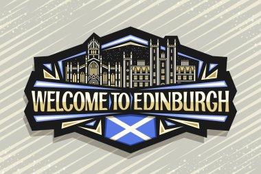 Edinburgh için vektör logosu, Edinburgh şehrinin alacakaranlık gökyüzü arkaplanının çizgi resimli siyah dekoratif çıkartması, Edinburgh 'a hoş geldiniz demek için eşsiz harflerle sanat tasarımı buzdolabı mıknatısı..
