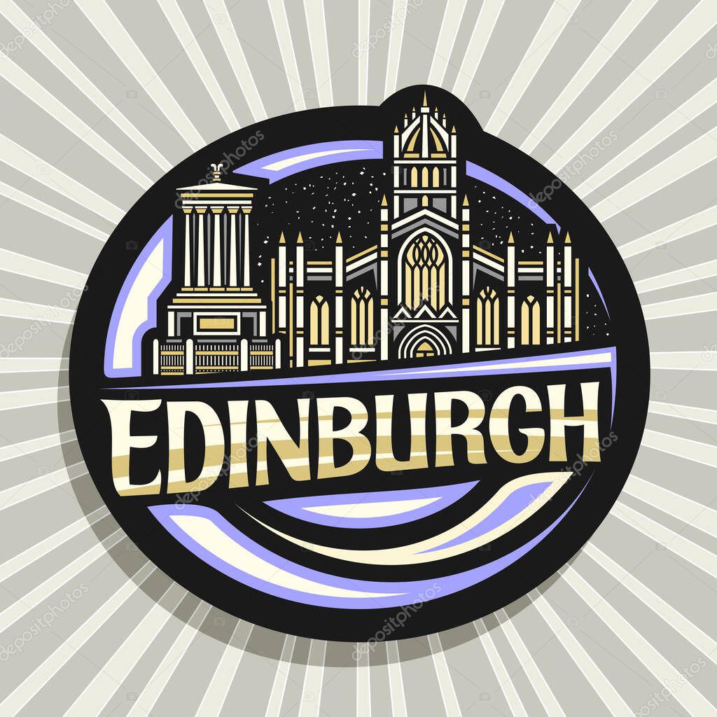 Vector logo for Edinburgh, black decorative label with outline illustration of edinburgh city scape on dusk sky background, art design fridge magnet with unique brush lettering for text edinburgh.