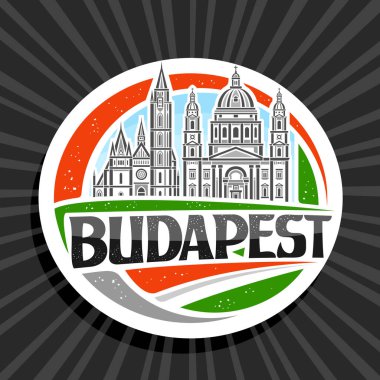 Budapeşte için vektör logosu, Budapeşte için beyaz dekoratif tabela. Gündüz gökyüzü arka planında Budapeşte şehir manzarasının ana hatlarıyla bembeyaz tasarım buzdolabı mıknatısı. Siyah metin bütçesi için eşsiz fırça harfleriyle..
