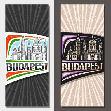 Budapeşte için vektör dikey yerleşim planı, Budapeşte şehir manzarasının ana hatları ile dekoratif broşür gün ve alacakaranlık gökyüzü arkaplanı, sanat tasarım turist kartı kelime bütçesi için eşsiz harfler.